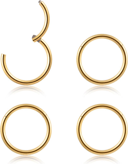 4Pcs 16G 18G 20G Surgical-Steel-Piercing-Ring-Nose-Rings-Hinged-Hoop-Earrings,6Mm 8Mm 10Mm 12Mm Seamless Stainless Steel Clicker Eyebrow Septum Piercing Hoop,Sliver Black Gold Rose Gold Rainbow Body Jewelry Set
