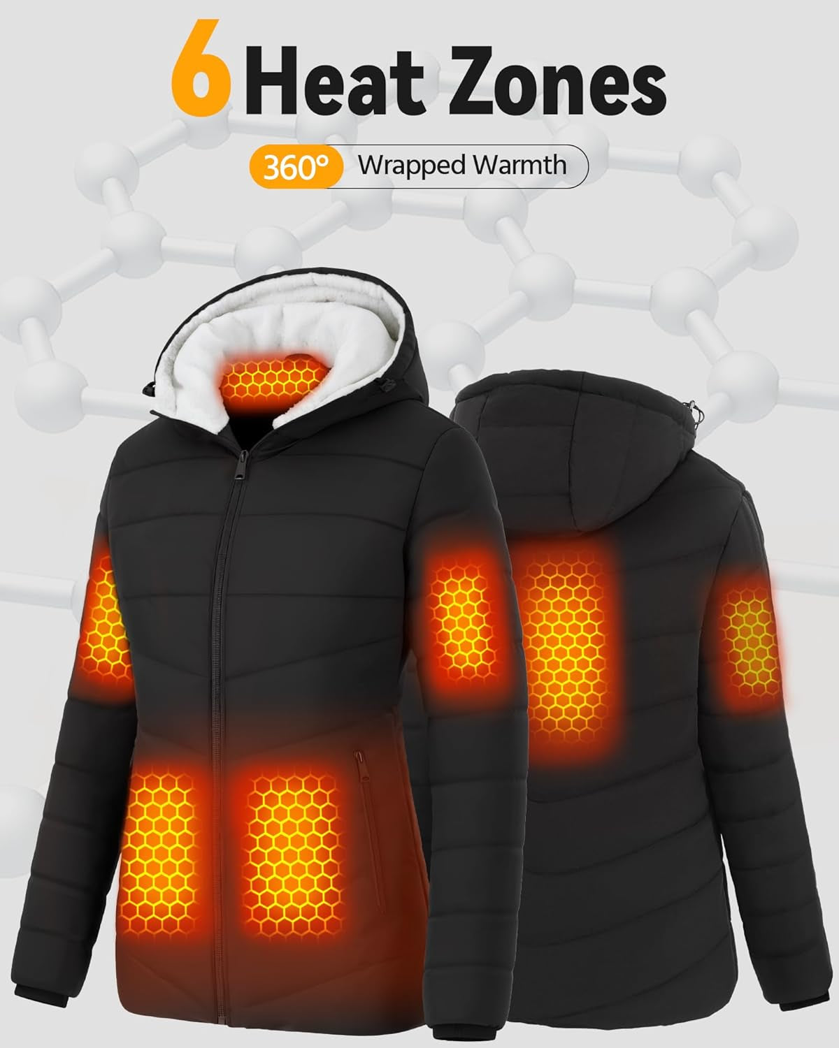 Women's heated jacket full length view showing stylish design