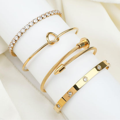 Bracelet Bangle Set, 4Pcs Stackable Four Leaf Gold Bracelet Set for Wife Mom Girlfriend