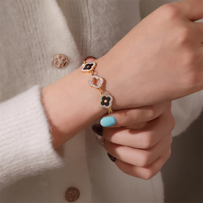 Four Leaf Clover Bracelets for Women, 18K Gold Plated Clover Jewelry Set-Tone with Green Enamel Clover Charms, Crystal Accents, Elegant Gift for Women Packed in a Packaging Box (Black)