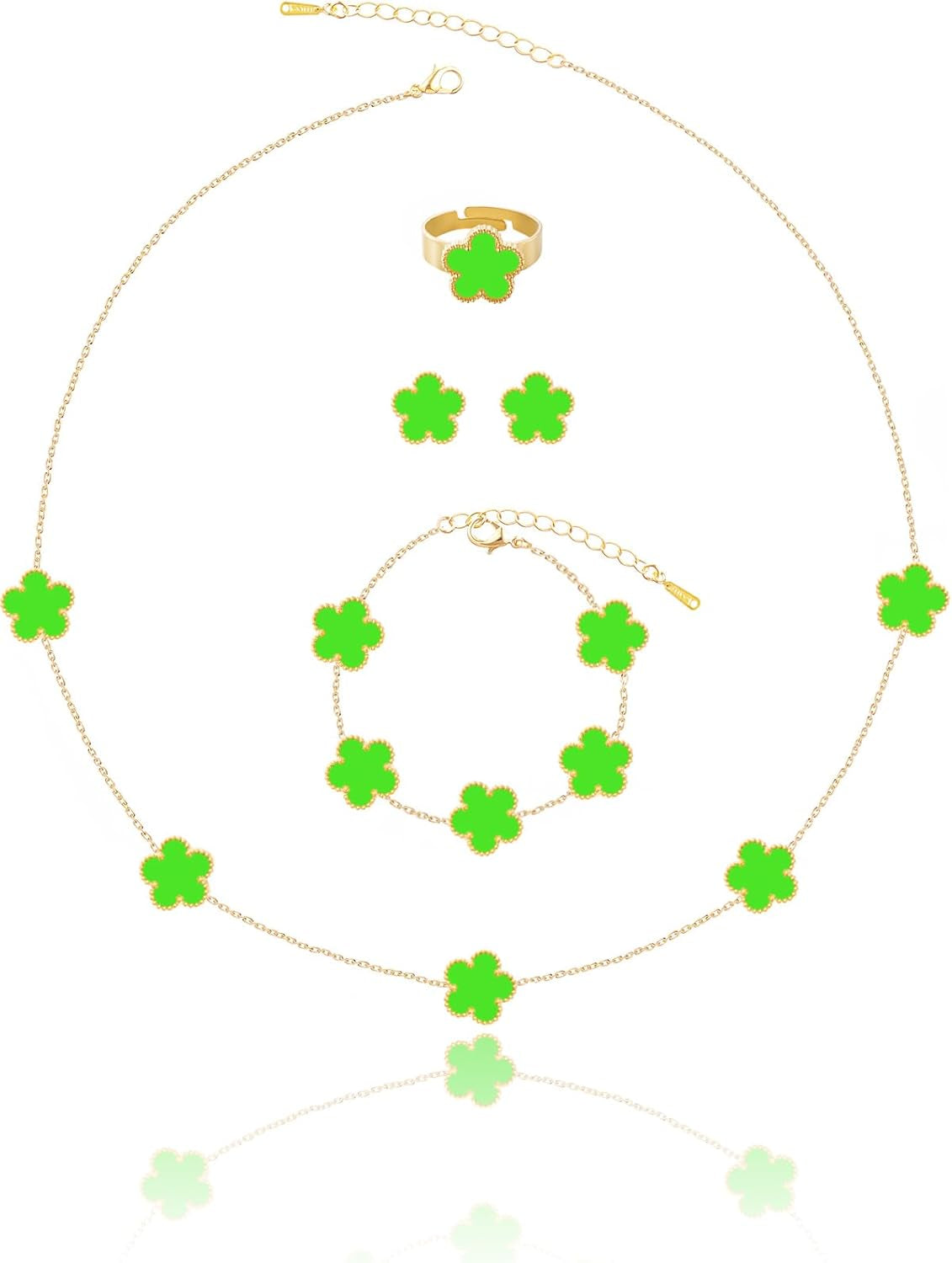 Gold Plated Five Leaf Clover Necklace Bracelet Rings and Stud Earrings Set for Women Lucky Flower Jewelry