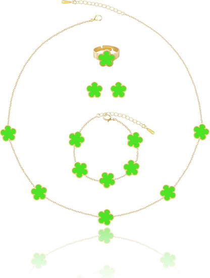 Gold Plated Five Leaf Clover Necklace Bracelet Rings and Stud Earrings Set for Women Lucky Flower Jewelry