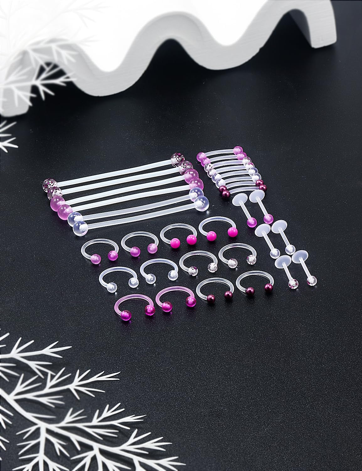Jenxnjsjo Clear/Pink/Purple Lip Septum Rings Eyebrow Industrial Smiley Piercing Jewelry Plastic Cartilage Helix Tragus Daith Earrings Vertical Labret Medusa Retainers Kits for Surgery Work Sports