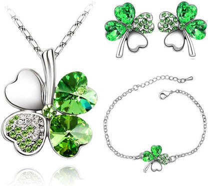 AILUOR Four Leaf Clovers Jewelry Set, Fashion Austrian Crystal Rhinestone Lucky Four Leaf Clover Necklace Bracelet or Earrings for Women Wedding Party Gift