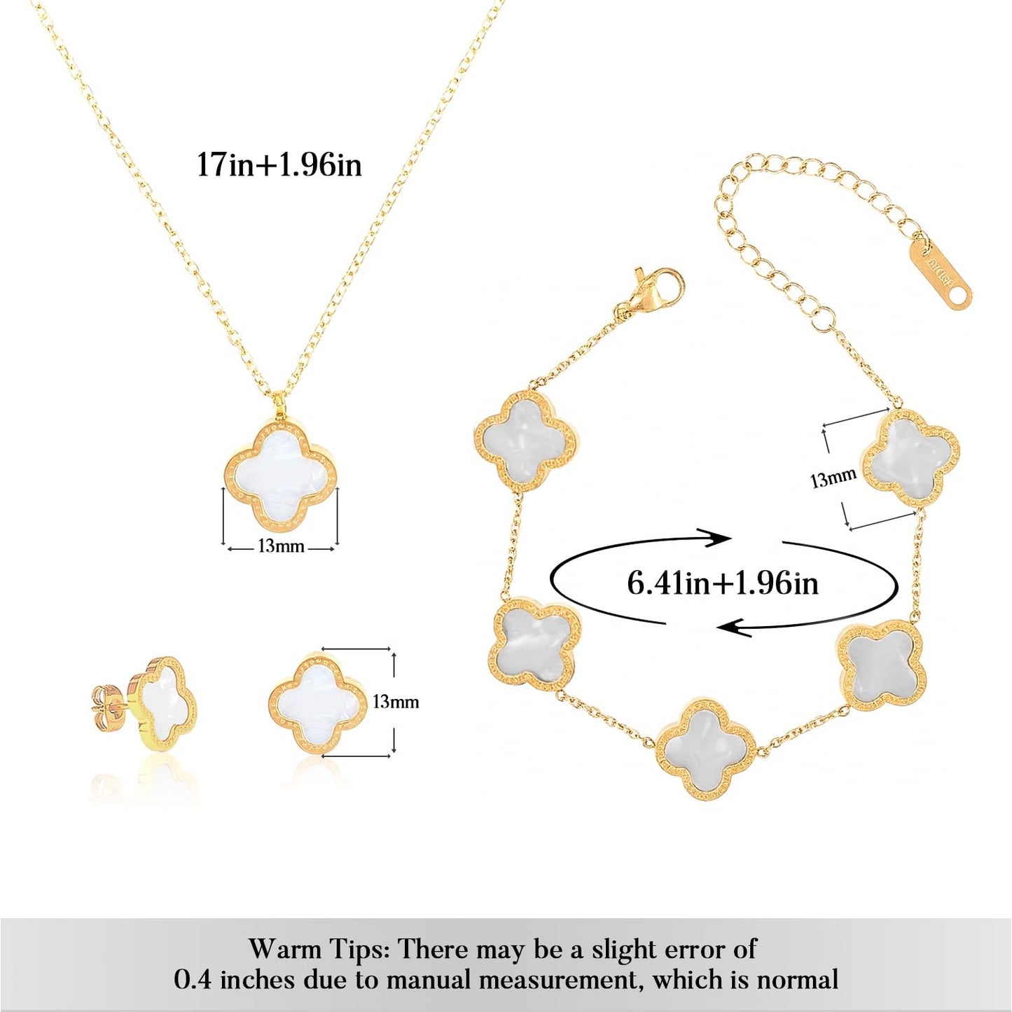 18K Gold Four Leaf Bracelets for Women, Necklace Pendant, Earrings,White Link Bracelet Exquisite Clover Jewelry Sets for Women Gift Christmas