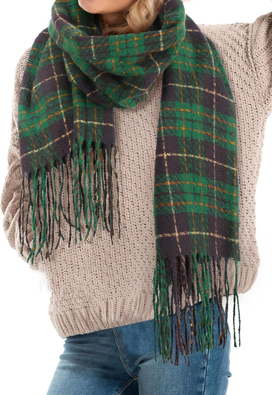 Coume Christmas Plaid Scarf for Women Men Soft Green Buffalo Plaid Winter Scarf Cashmere Feel Fashion Tartan Gifts