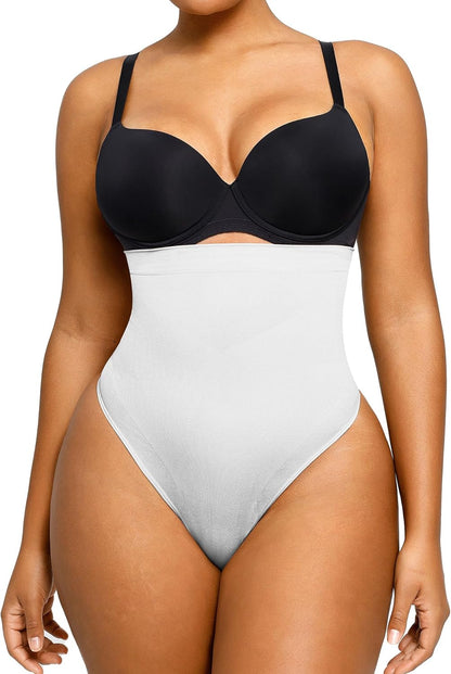 Customer wearing thong shapewear with various outfit styles showing versatility