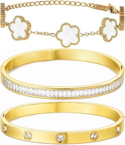 Real 18K Gold Plated Bracelets for Women (Sturdier Version) Stackable Bangle Bracelets for Women (Better Tarnish & Water Resistance) 4PCS Gold Bracelet Stack Set (Fits Wrists Upto 6.7 Inch)