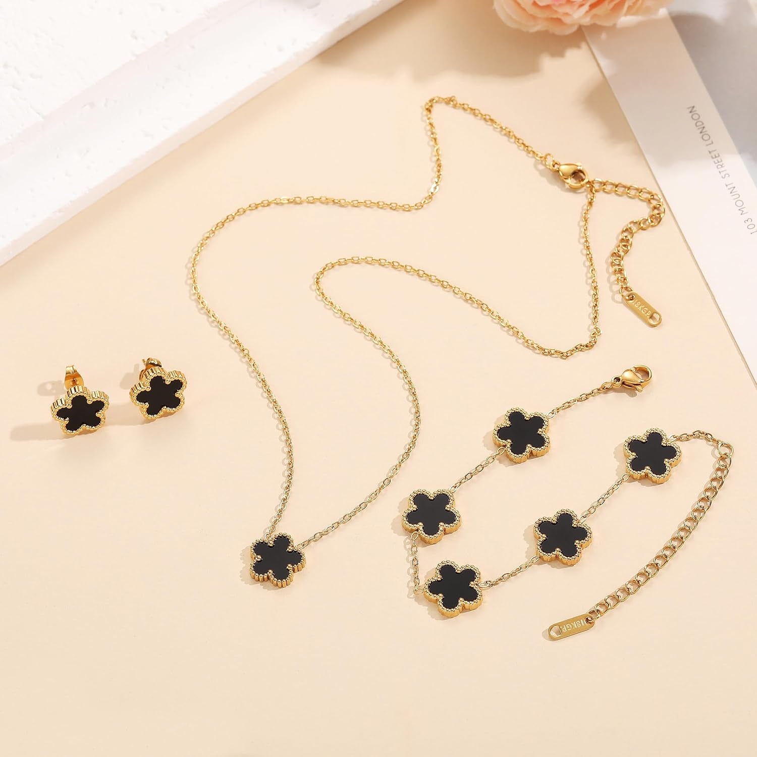 Four Leaf Clover Bracelet Set for Women - 18K Gold Plated Flower Lucky 4 Leaf Necklace Bracelet Earrings Jewelry Sets Gift for Women