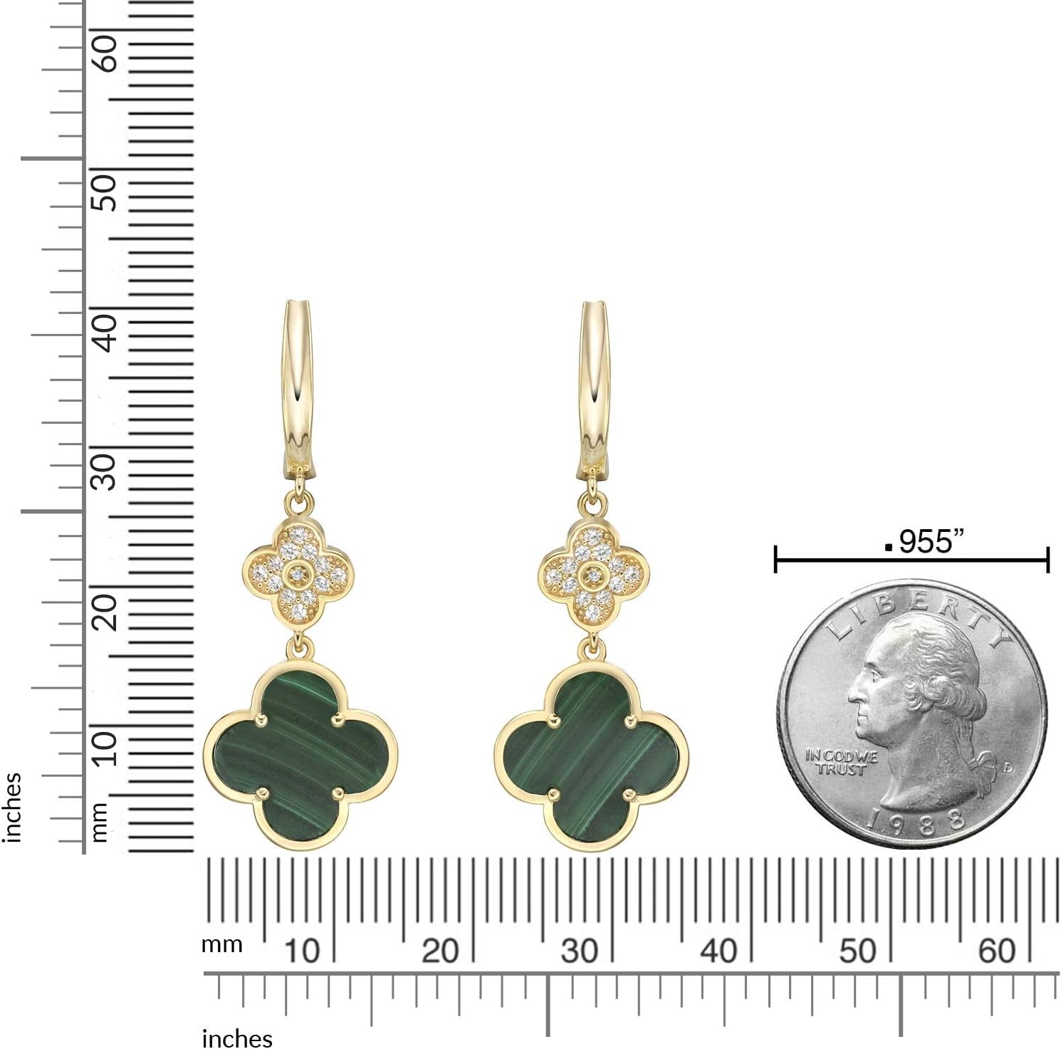 Lavari Jewelers Flower Dangle Drop Earrings for Women - Black Onyx Green Malachite or Mother of Pearl & Cubic Zirconia in 925 Sterling Silver Clover - Hypoallergenic Gold Plated - Secure Hinge Post