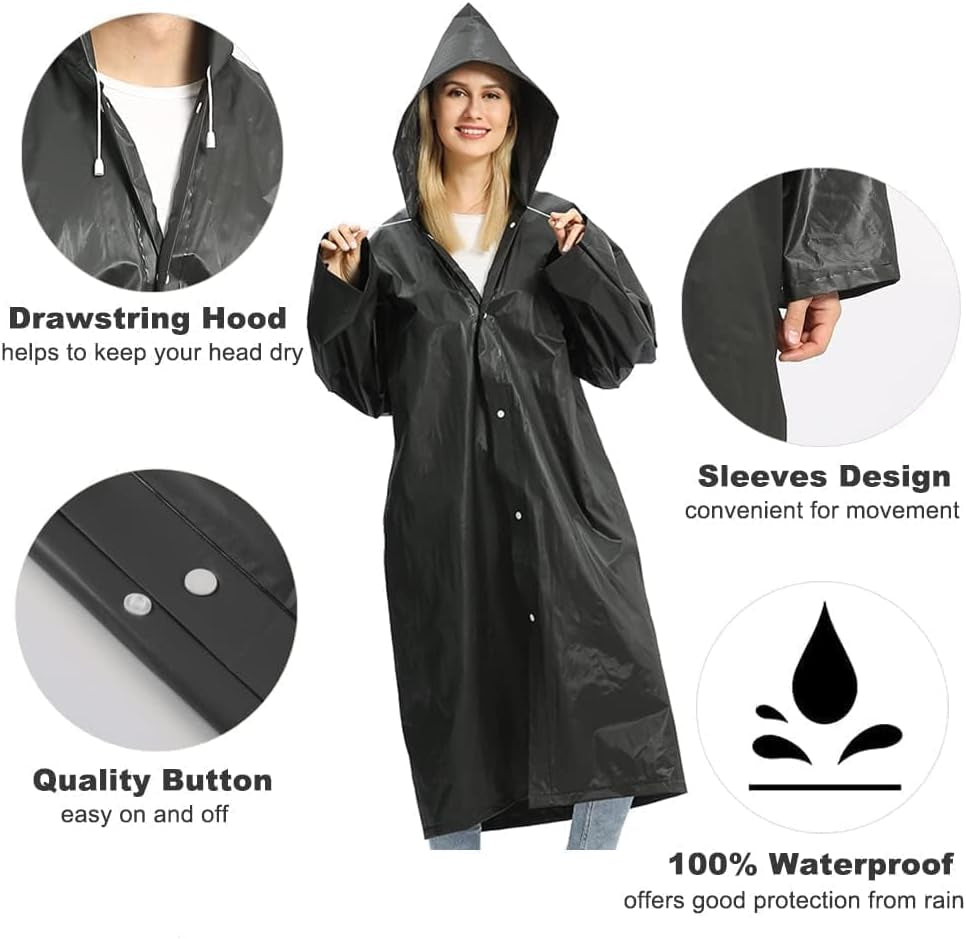 Rain poncho showing drawstring hood and long sleeve design