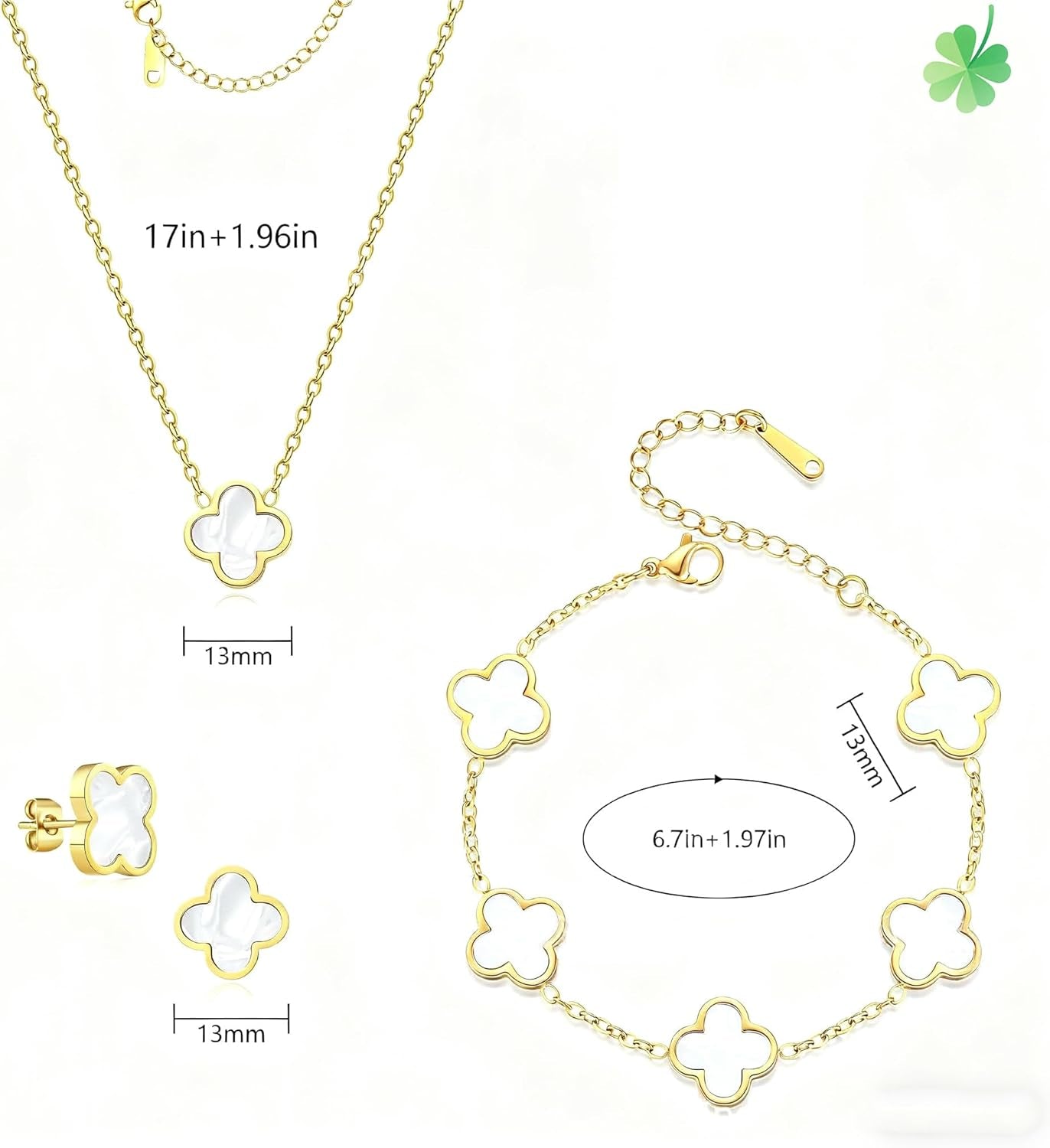 Lucky Clover Sets, 18K Gold Plated Four Leaf Necklace Pendant, Bracelet, Earrings for Women Flower Link Bracelets Set Jewelry Gifts for Women