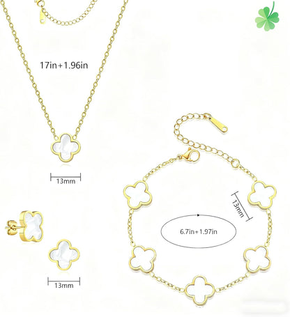 Lucky Clover Sets, 18K Gold Plated Four Leaf Necklace Pendant, Bracelet, Earrings for Women Flower Link Bracelets Set Jewelry Gifts for Women