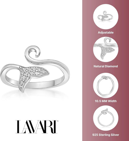 Lavari Jewelers 1/20 Carat Natural Diamond Dolphin Tail Open Toe Ring for Women I 925 Sterling Silver Toe Ring for Her (H-I, I2-I3, 0.04 Cttw) Hypoallergenic Mermaid Tail Adjustable Toe Band