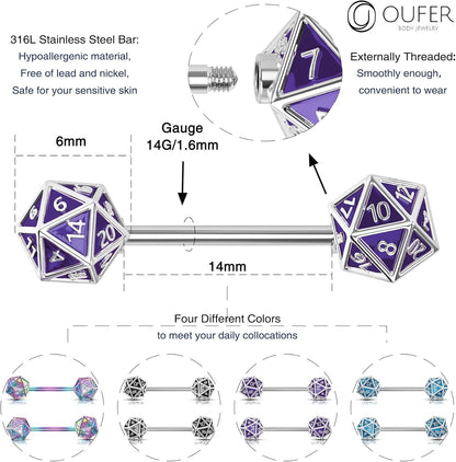 OUFER 2PCS Icosahedron Dice Nipple Rings, 14G 316L Surgical Steel Nipple Barbells, Nipple Jewelry for Women