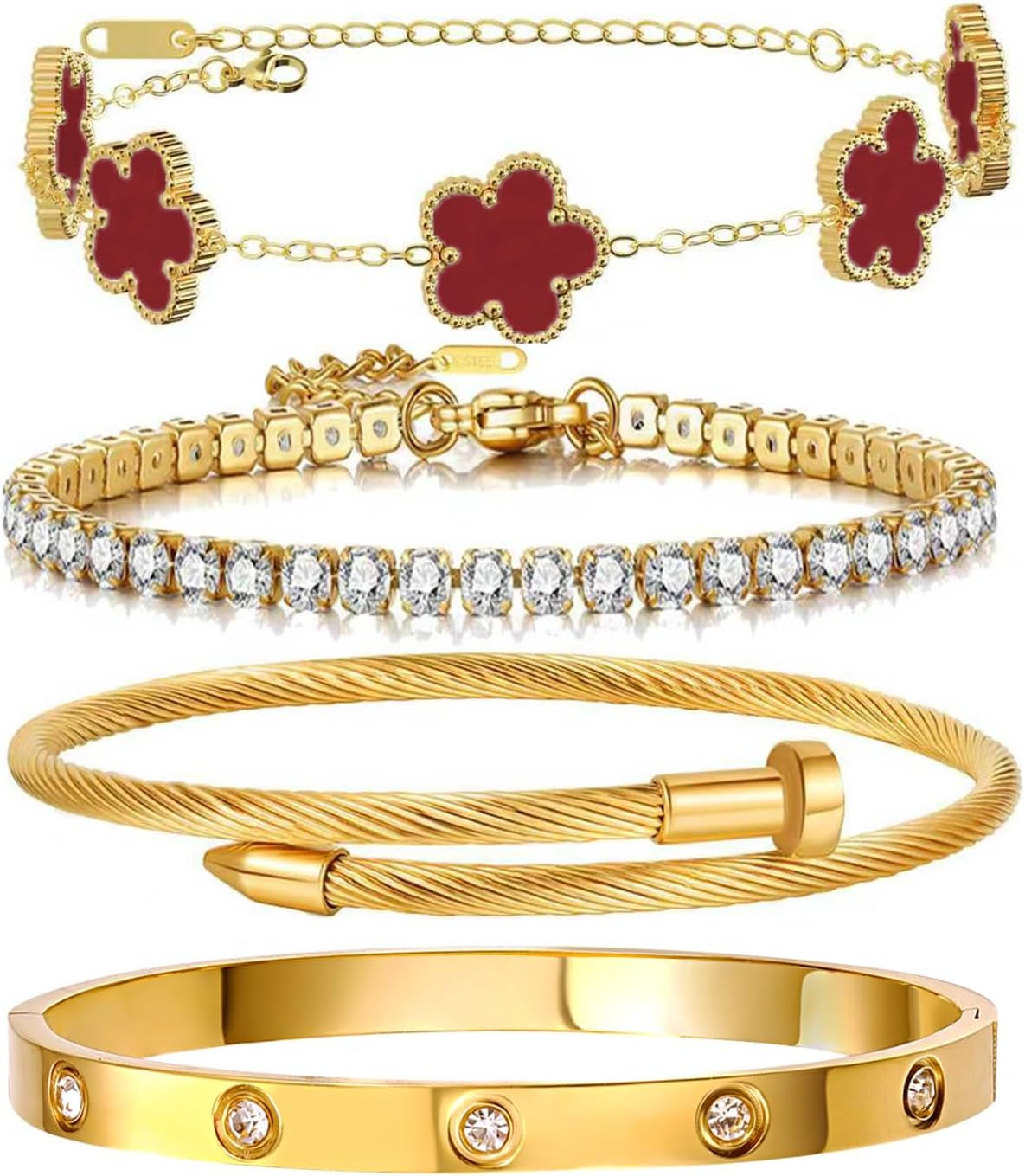 Gold Bracelets for Women, 18K Gold Plated Women Tennis Bracelets Clover Nail Love Bangle Bracelet Set, Gold Bracelet Stackable Set Trendy Jewelry, Gifts for Women'S Day and Mother'S Day
