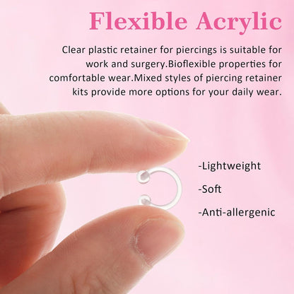 Lusofie 43Pcs Clear Piercing Retainer Set Acrylic Septum Ring Nose Studs Rings Cartilage Navel Tongue Barbells Lip Eyebrow Tragus Earring Clear Piercing Jewelry for Work Surgery