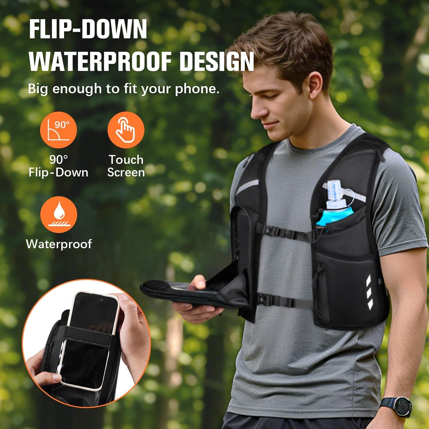 Hydration vest showing 500ml soft flask attachment