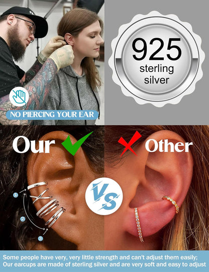 Jerywe 4 Pcs 925 Sterling Silver Ear Cuff for Women Non Piercing Adjustable Ear Cuff Earrings Clip on Cartilage Helix Wrap Ear Jewelry Set