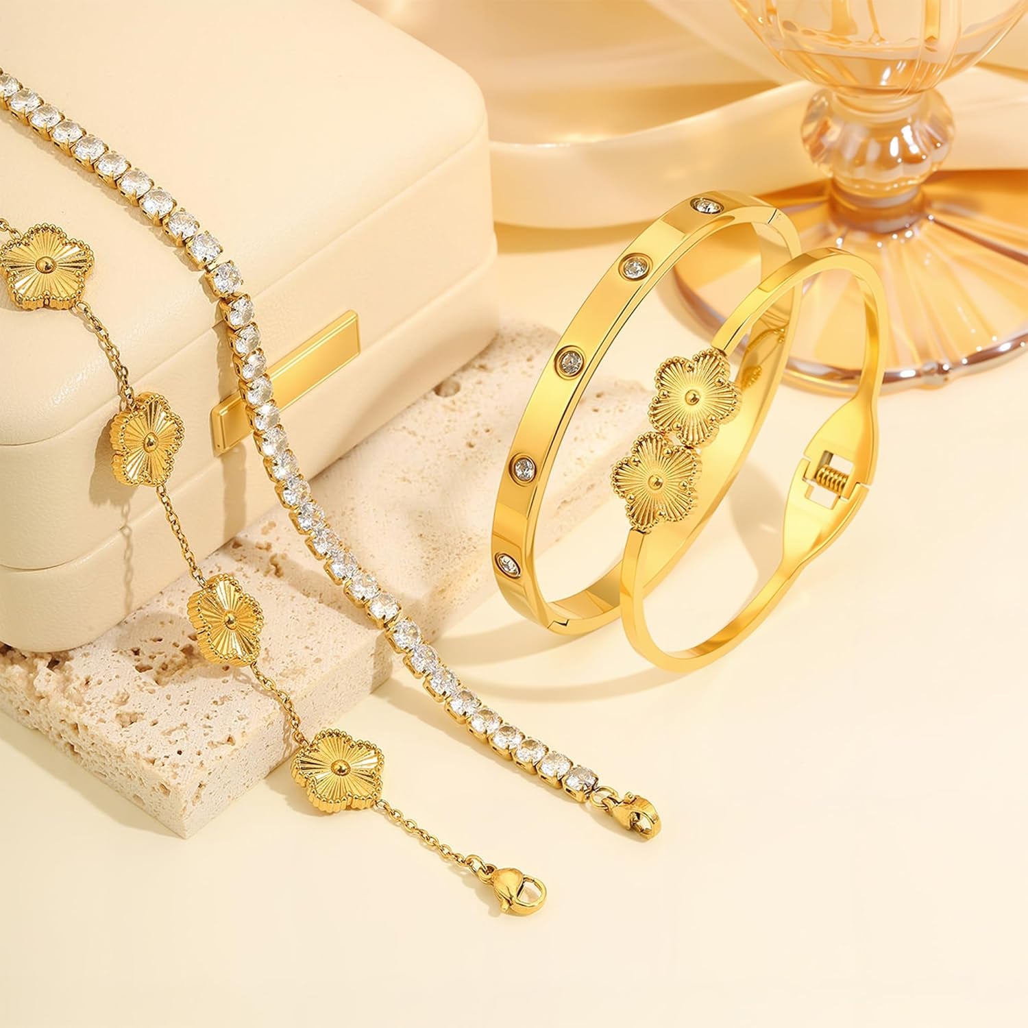 18K Gold Bracelets for Women - Clover Cuff & Cubic Zirconia Tennis Bangle Set - Non-Tarnish Stainless Steel Jewelry Gift for Valentine‘S, Christmas & Mother’S Day