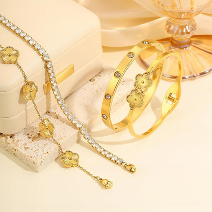 18K Gold Bracelets for Women - Clover Cuff & Cubic Zirconia Tennis Bangle Set - Non-Tarnish Stainless Steel Jewelry Gift for Valentine‘S, Christmas & Mother’S Day