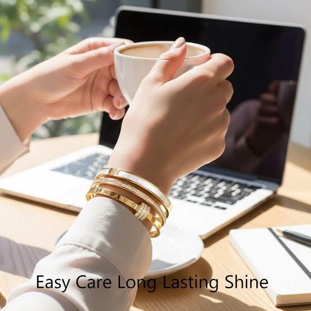 Woman wearing five-piece stainless steel stackable bracelet set