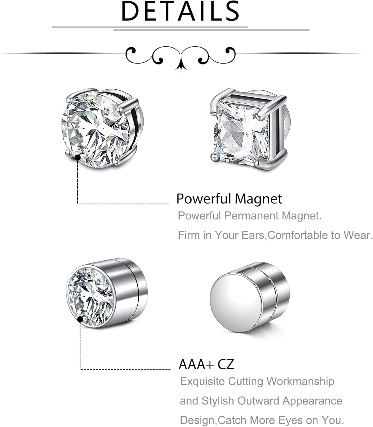 Silver cubic zirconia fake diamond earrings for women and men