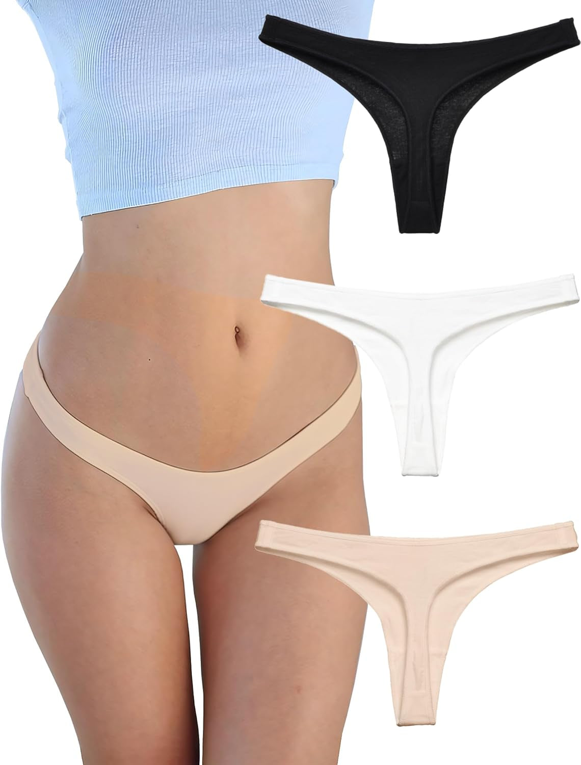 Womens Cotton Thongs Underwear Breathable No Show Cheeky Panties Tangas Sexy for Everyday Workout 3 Pack Set
