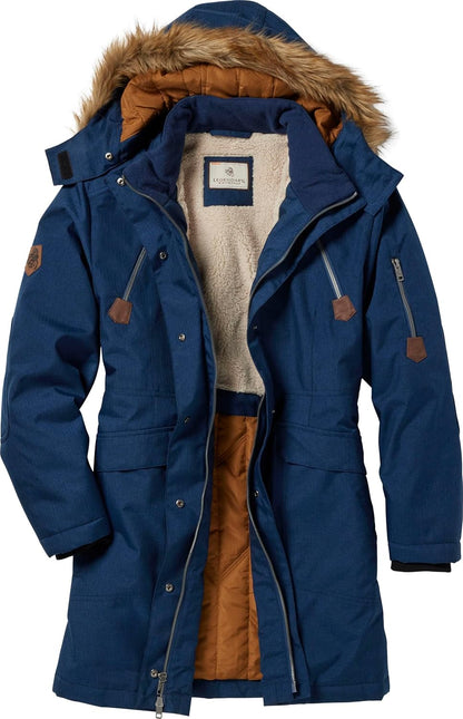 Flat lay of women's insulated parka with accessories