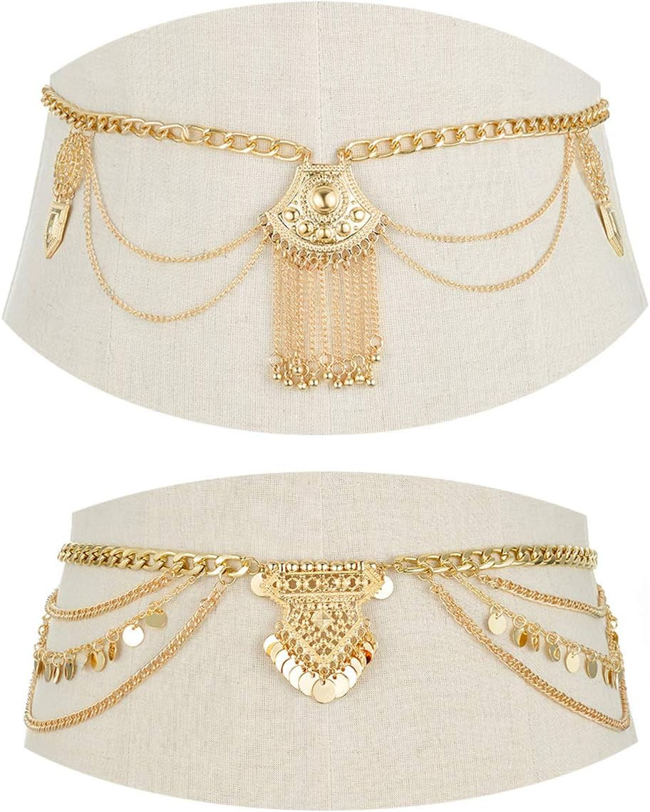 Tornito 2 PCS Waist Belt Chain Vintage Dangle Dancing Tassel Body Chain Bikini Beach Body Jewelry for Women Silver Gold Tone