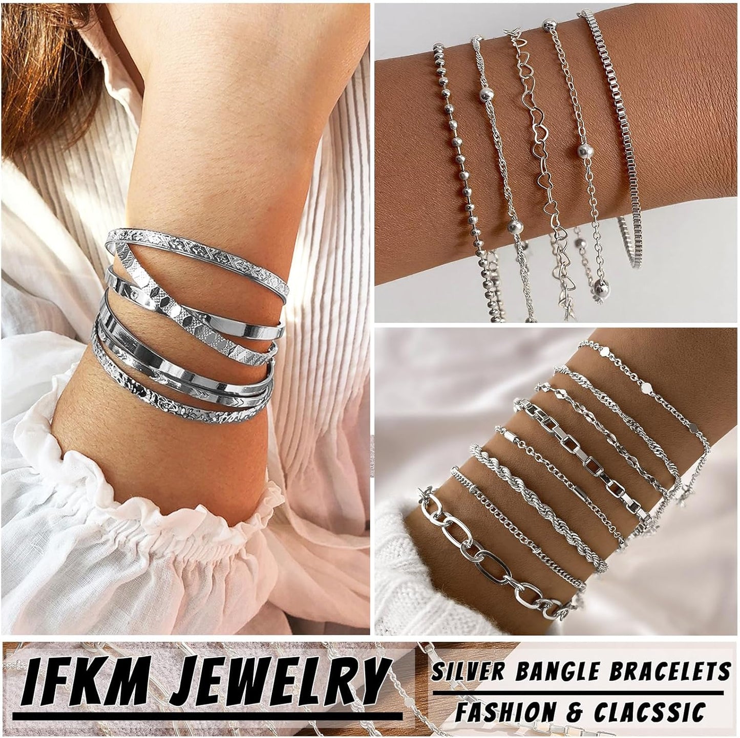 IFKM 5 PACK (35 PCS) Silver Chain Bangles Bracelets Set for Women, Silver Multiple Layered Stackable Open Cuff Bangle Anklet Bracelet Trendy Elegance Link Beads Italian Boho Cuban Jewelry for Women Gift