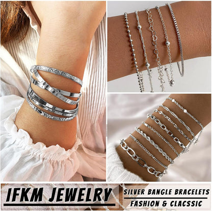 IFKM 5 PACK (35 PCS) Silver Chain Bangles Bracelets Set for Women, Silver Multiple Layered Stackable Open Cuff Bangle Anklet Bracelet Trendy Elegance Link Beads Italian Boho Cuban Jewelry for Women Gift