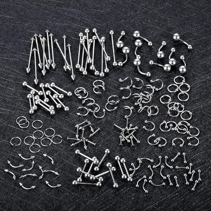 Xpircn 150PCS Piercing Kit Jewelry Stainless Steel Lip Nose Tongue Tragus Cartilage Daith Eeybrow Belly Button Rings Body Piercing Tools 14G 16G 20G