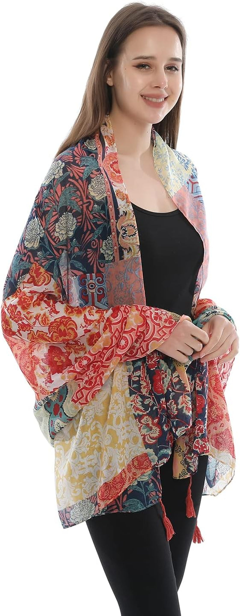 Yeieeo Boho Scarf for Women Lightweight Floral Printed Scarf Fall Winter Fashion Fringed Shawl