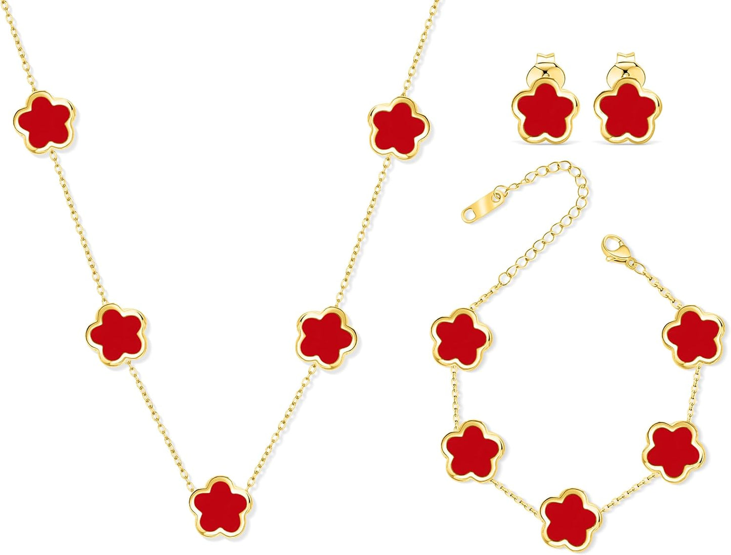 Five Leaf Clover Jewelry Set for Women |18K Gold Plated Bracelet Necklace Earrings | 5 Leaf Lucky Choker and Ear Studs for Mother and Daughter