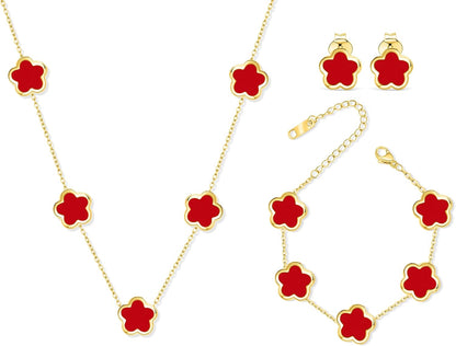 Five Leaf Clover Jewelry Set for Women |18K Gold Plated Bracelet Necklace Earrings | 5 Leaf Lucky Choker and Ear Studs for Mother and Daughter