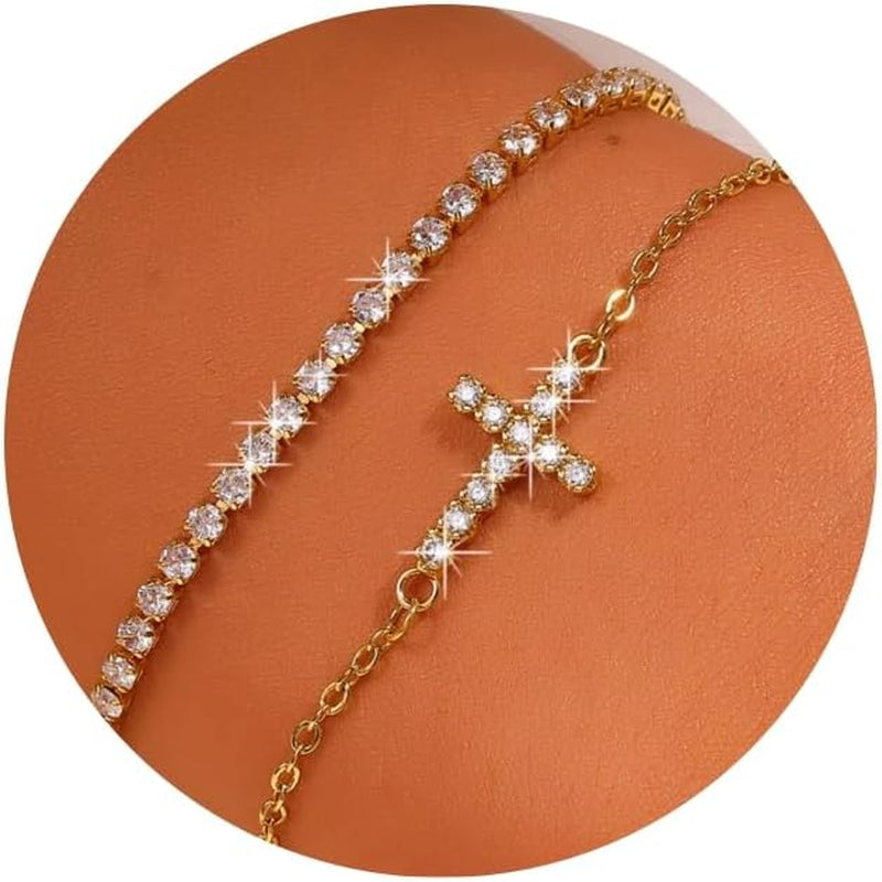 18K Gold Plated Cross Bracelet Bangle Set Silver Bracelets Flexible Wide Wristband Set Adjustable Gold Bangle Bracelet Stack for Women