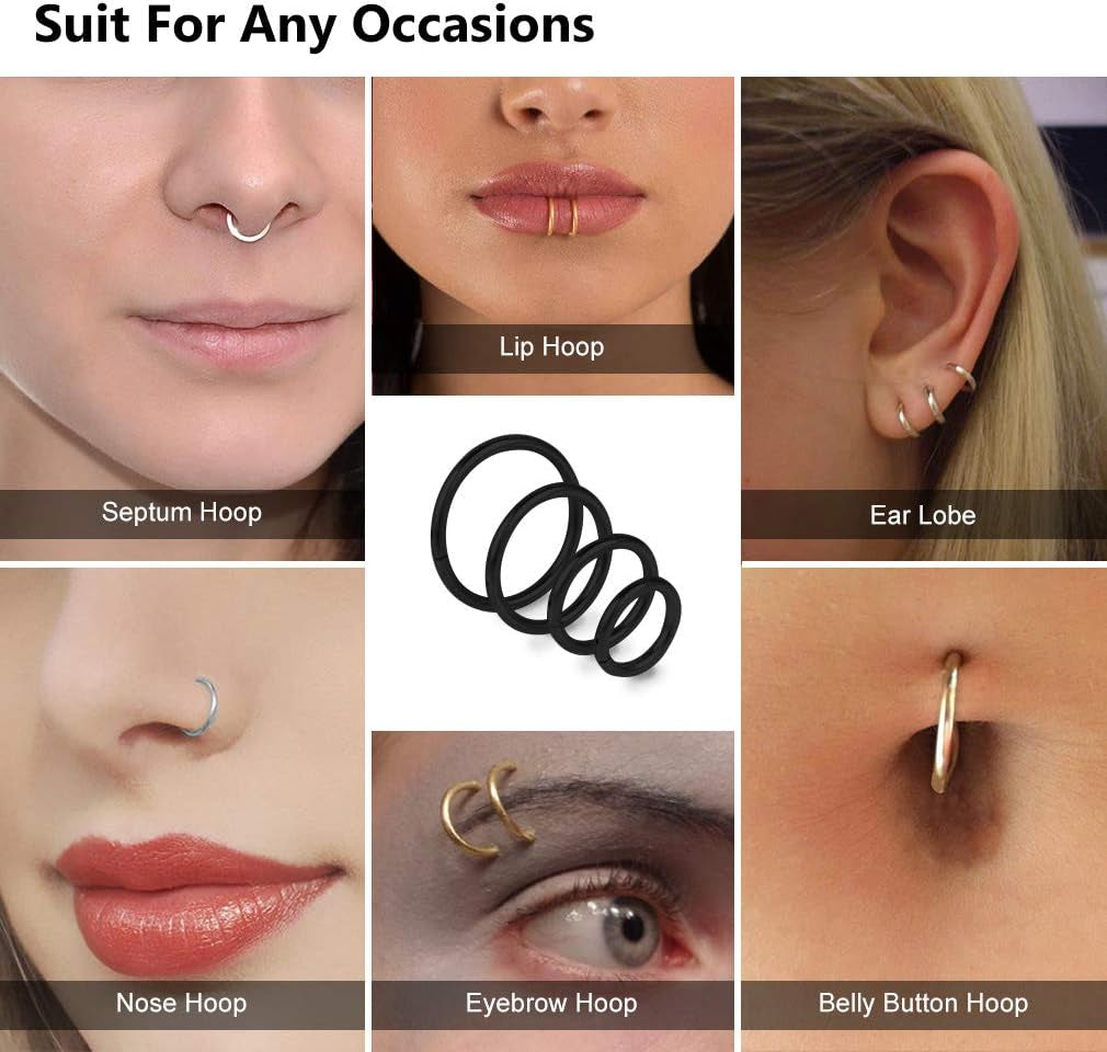 4Pcs 16G 18G 20G Surgical-Steel-Piercing-Ring-Nose-Rings-Hinged-Hoop-Earrings,6Mm 8Mm 10Mm 12Mm Seamless Stainless Steel Clicker Eyebrow Septum Piercing Hoop,Sliver Black Gold Rose Gold Rainbow Body Jewelry Set
