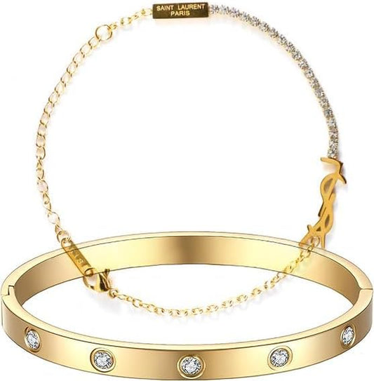 18K Gold Plated Initial Bracelet Love Bangle Open Cuff Set for Women, Stackable Adjustable Link Bracelet, Trendy Stack Jewelry Gift