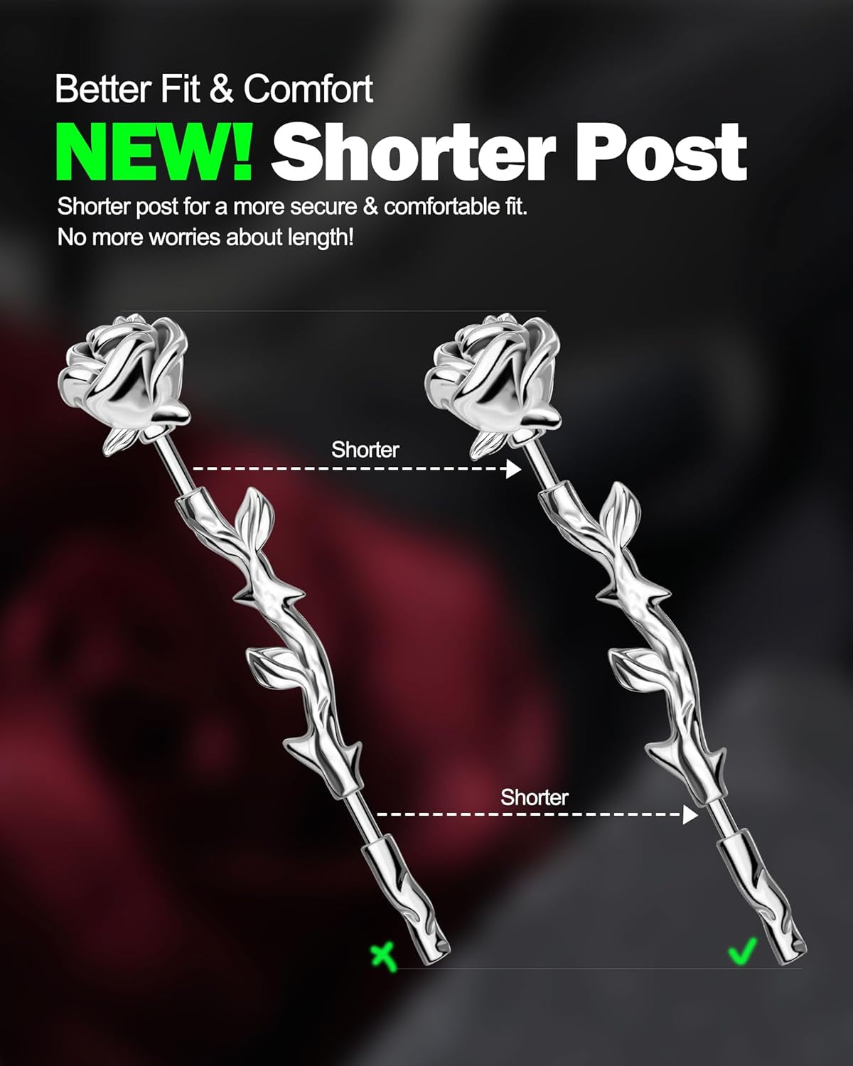 Jewseen Rose Industrial Ring Flower Industrial Barbell Surgical Steel Industrial Piercing Jewelry 14G 16G Cartilage Earring Long Straight Bar for Women Men