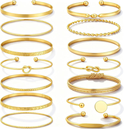 FAXHION Gold Bangle Bracelets for Women, 14 Pcs Multi Layer Stackable Bangle Set, 14K Gold Plated Textured Chunky Bracelets Boho Jewelrys Set