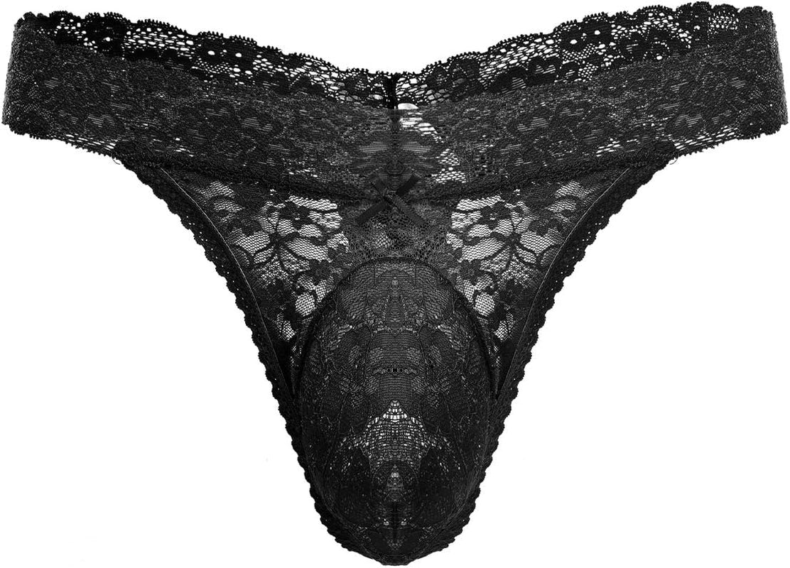 Men's sissy thong with lace frilly design front view