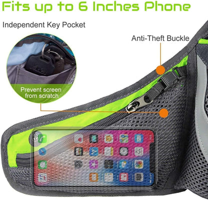 Woman wearing PYFK reflective hydration waist pack while running