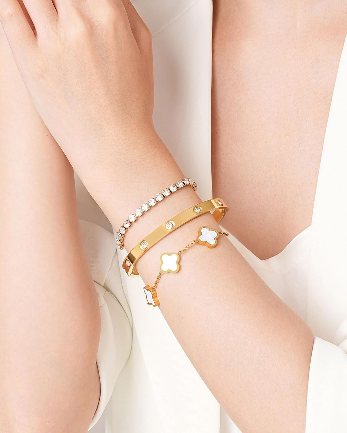 3Pcs 18K Gold Plated Love Bangle Clover Lucky Tennis Bracelets Set Non Tarnish Trendy Bracelet Jewelry Gifts for Women