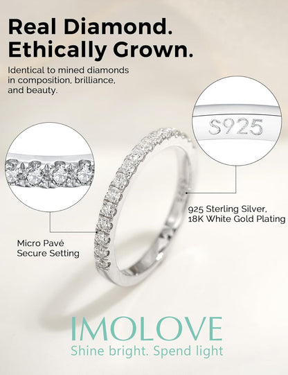 IMOLOVE Lab Grown Diamond Wedding Bands, 0.3-0.42 Carat, Eternity Rings in 18K White Gold & Sterling Silver Size 4-11