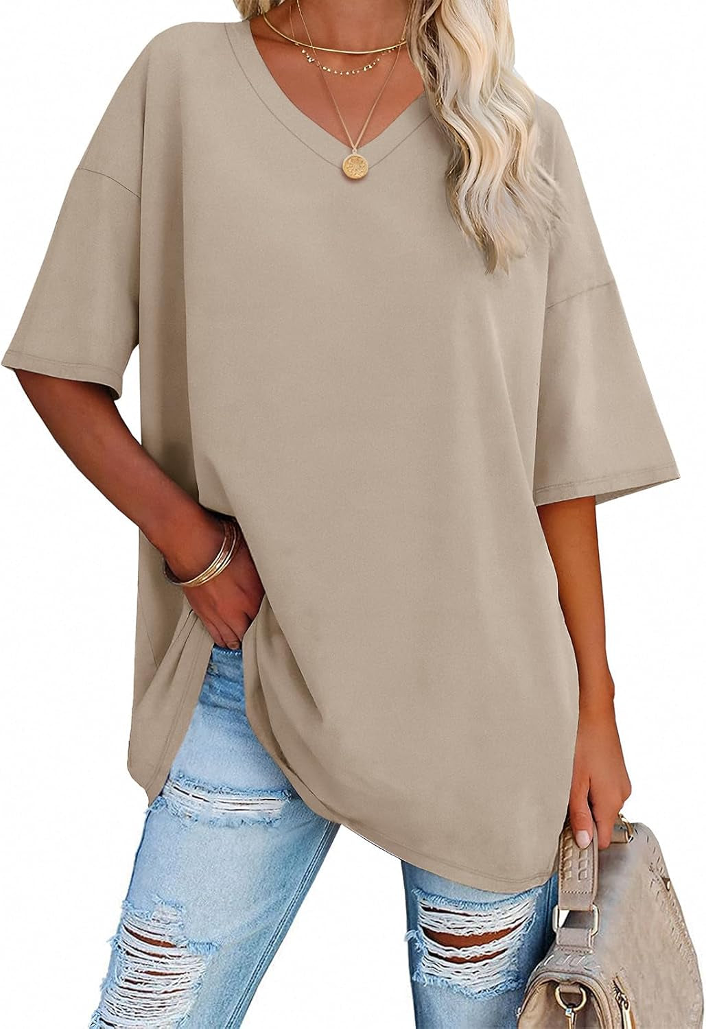 ATHMILE Womens Summer Oversized Shirts V Neck Business Casual Workout Tops Beach Vacation 2025 Gym Clothes