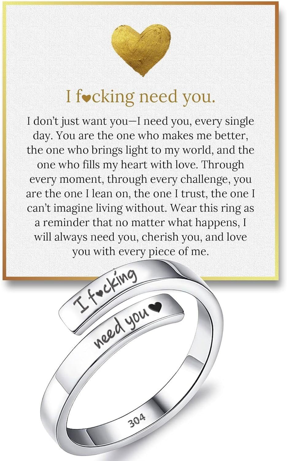 I F♡Cking Need You Ring by Hope Rings – 304 Stainless Steel Rings for Her – Adjustable Couples with Gift Box & Message Card – Tarnish Free Jewelry – Romantic Gift for Girlfriend or Boyfriend