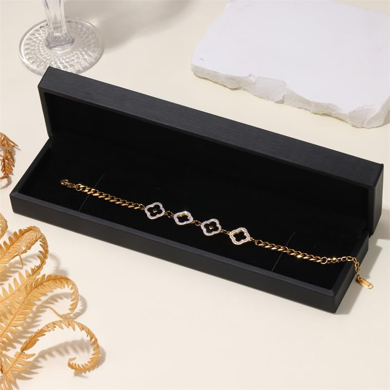 Four Leaf Clover Bracelets for Women, 18K Gold Plated Clover Jewelry Set-Tone with Green Enamel Clover Charms, Crystal Accents, Elegant Gift for Women Packed in a Packaging Box (Black)