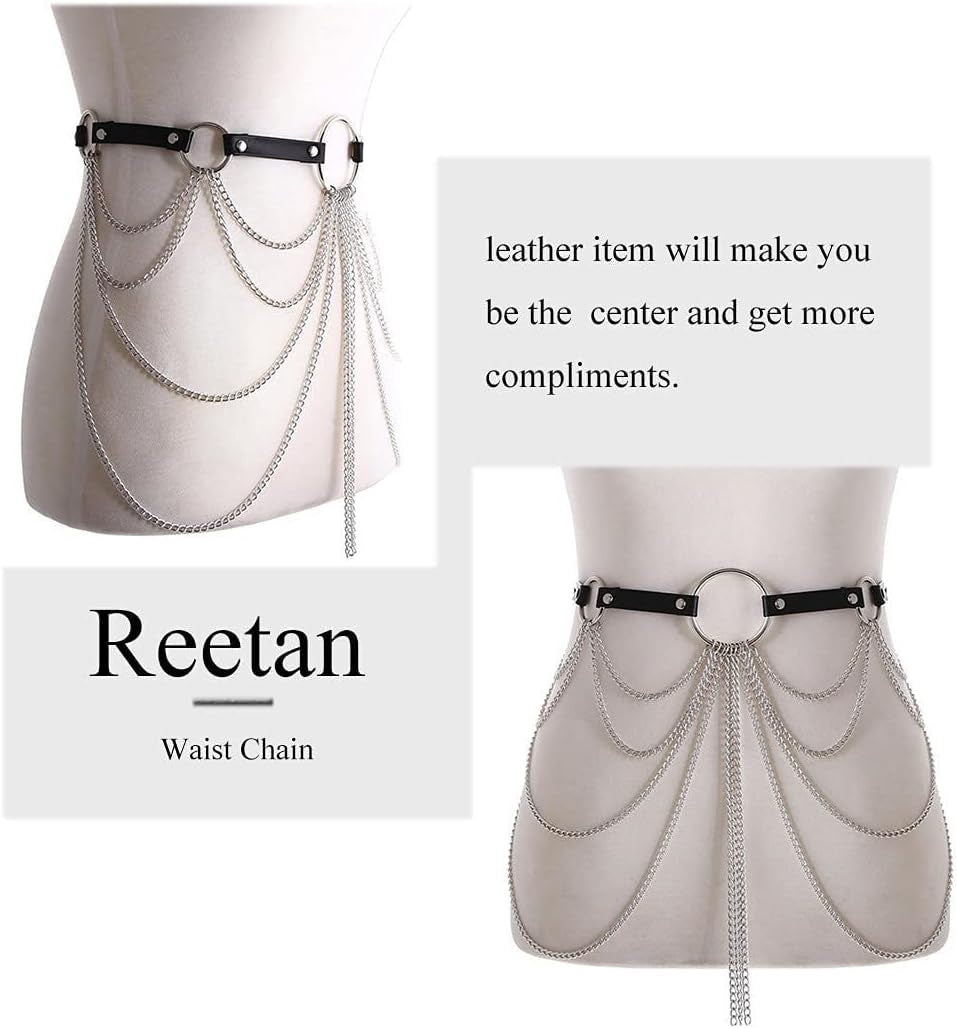 REETAN Rave Waist Chain Belt Punk Black Leather Body Accessories for Women