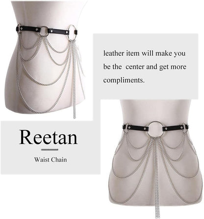 REETAN Rave Waist Chain Belt Punk Black Leather Body Accessories for Women